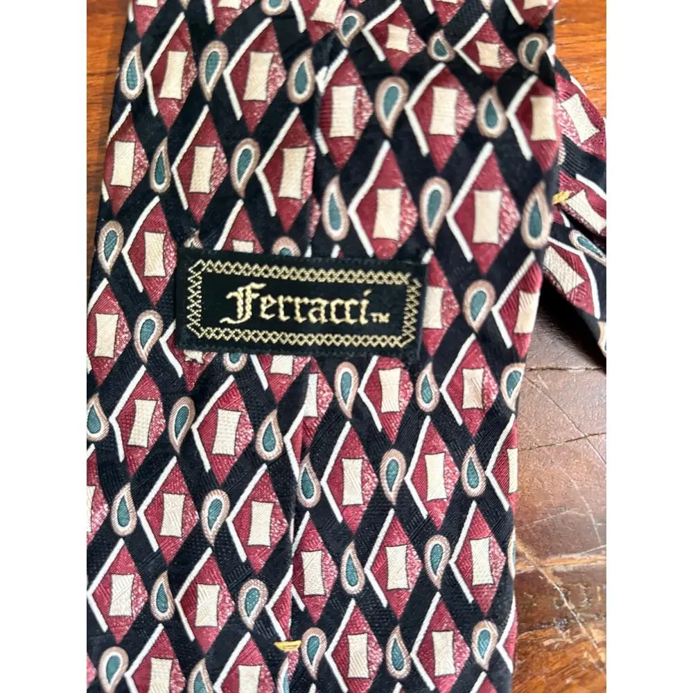Ferracci Extra Long Men’s Tie Geometric Burgundy Black Teal 62” Polyester